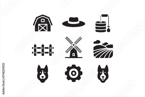 Simple black vector farm icons for eco-friendly product design and agritech branding