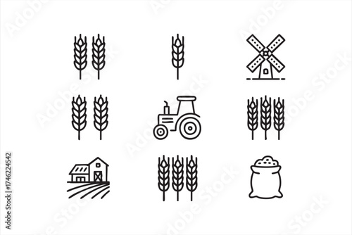 Wheat and agriculture vector icons for farm, grain, and harvest industry design