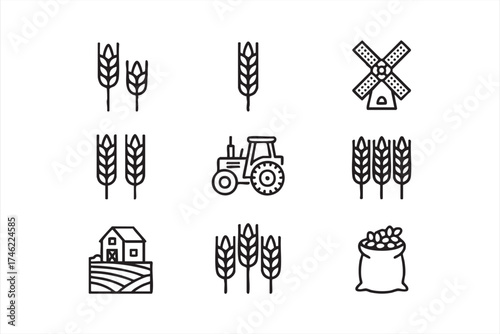 Farming machinery and wheat icon pack for agribusiness and organic product branding