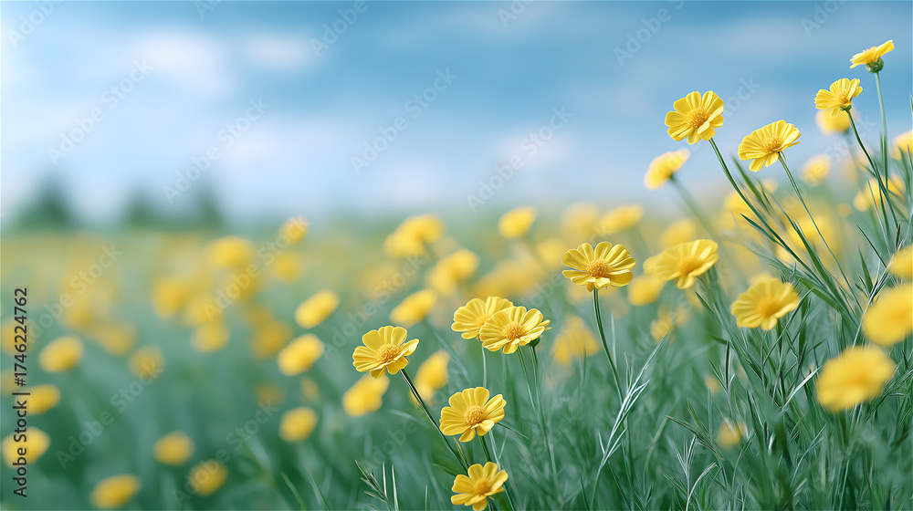 Obraz premium Yellow flowers blooming in green meadow under blue sky, symbolizing spring, hope, and renewal.