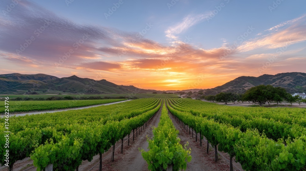 Fototapeta premium Scenic Vineyard Landscape at Sunset with Vibrant Green Grapevines and Dramatic Sky Reflections Realism