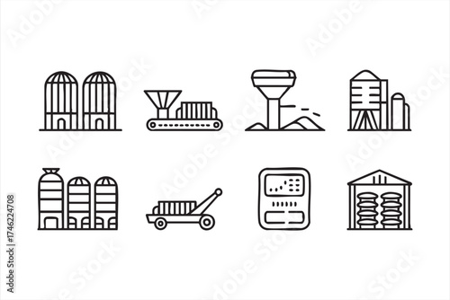 Farm storage and equipment outline icon set for agritech and grain management design