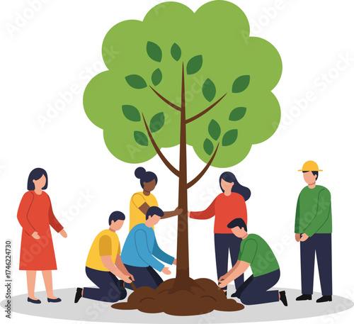 Community planting a tree symbolizing environmental stewardship and green initiatives for a sustainable future isolated on transparent background