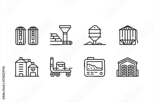 Agriculture machinery and silo vector icons for farm industry and food production