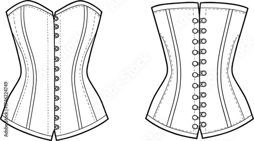 Corset technical sketch, front view, fashion design template, structured garment illustration, sewing pattern, cad drawing flat vector illustration
