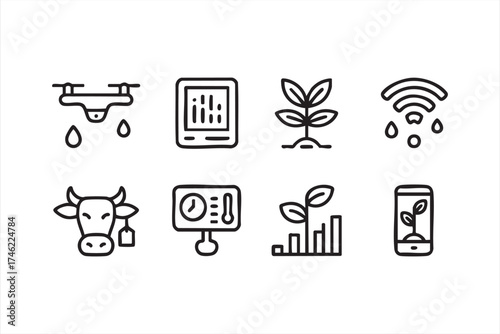 Agriculture innovation icon set with drones, sensors, and crop monitoring tools