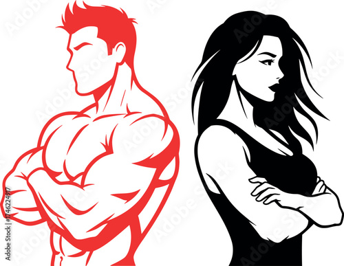Stylized muscular male and female fitness figures, vector illustration, strength and confidence pose, bold color contrast, gym motivation, body power
