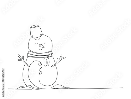 Melting Snowman in single line draw illustration. Continuous one line drawing of melting winter snowman. Editable stroke.