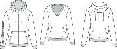 Hoodie set, zip up, pullover, cowl hood, kangaroo pocket, ribbed hem, fashion flat sketch, apparel vector, garment template, CAD drawing
