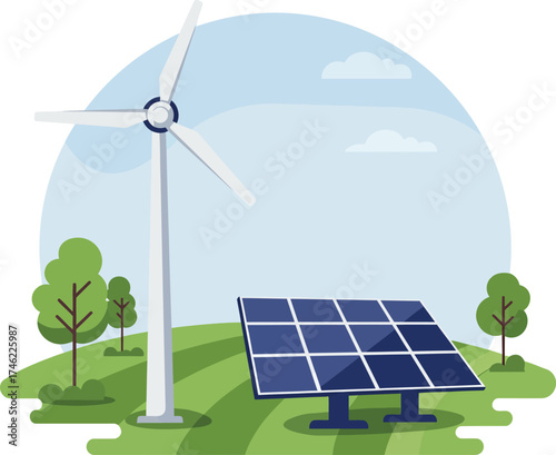 Renewable energy scene featuring solar panels and wind turbine for sustainable power generation isolated on transparent background