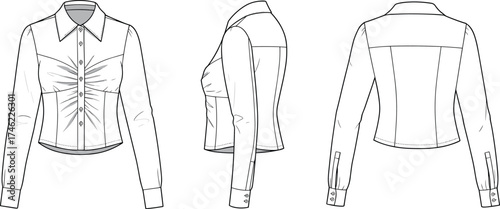 Women’s blouse, long sleeve, button up, ruched bust, tailored fit, fashion flat sketch, apparel vector, garment template, sewing pattern, CAD drawing