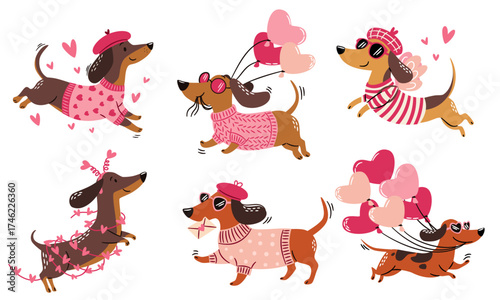 A set of flat vector illustrations in a simple children's style on the theme of Valentine's Day. Cute dachshunds wearing sunglasses, pink clothes, and holding heart-shaped balloons. . Vector