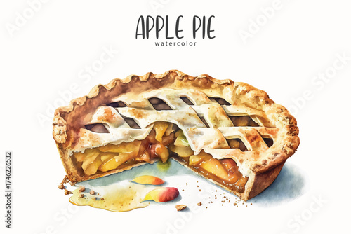 Apple Pie Watercolor Dessert Illustration vector Homemade Bakery Food Clipart Perfect for bakery packaging, restaurant menus, recipe books, autumn design