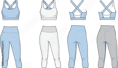 Sports bra and leggings set, crisscross back, high waist, activewear fashion flat sketch, apparel vector, garment template, CAD drawing, illustration