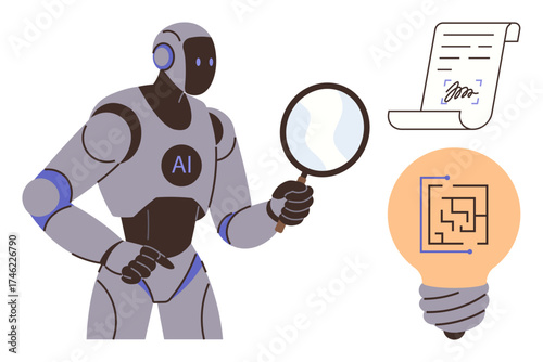 AI robot inspects with a magnifying glass, next to a signed document and a lightbulb maze. Ideal for AI research, data analysis, innovation, technology, automation, problem-solving creativity. A