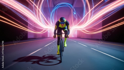 A determined cyclist races through a futuristic neon tunnel with dynamic streaks of light symbolizing speed and energy