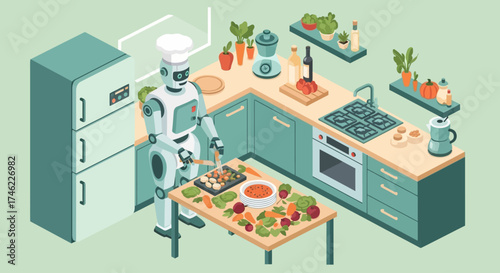 Robot chef preparing meal in modern kitchen with fresh ingredients  