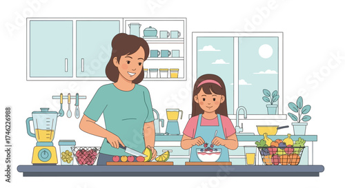 Mother and daughter preparing fruit snacks in bright kitchen  