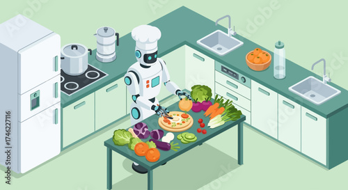 Robot chef preparing vegetables on kitchen table in modern interior  