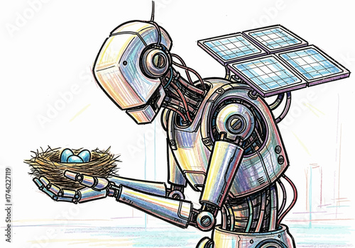 Robot holding a nest with eggs while observing surroundings  