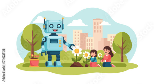 Robot gardening with children in park surrounded by flowers  