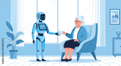 Robot serving drink to elderly woman sitting in chair at home  