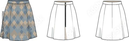 Argyle skirt, front and back view, zipper detail, fashion flat sketch, apparel vector, garment template, sewing pattern, CAD drawing, clothing illustration