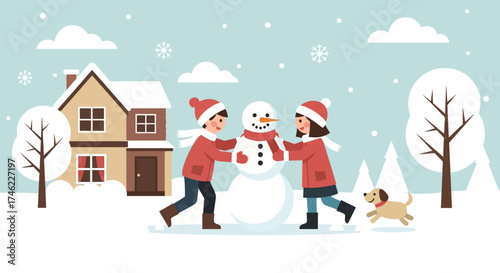 Children building snowman together in winter landscape with dog  