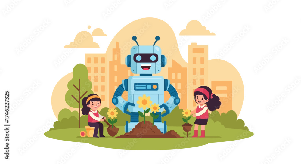 Fototapeta premium Robot helping children plant flowers in city garden 