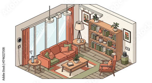 Cozy living room with orange furniture and bookshelves in modern style  
