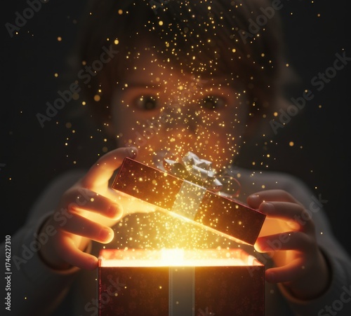 A child's face glows with wonder as they open a gift box, revealing bright, magical light