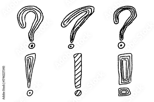 Creative Hand Drawn Question and Exclamation Mark Doodles. Sketch Art Symbols on White Background