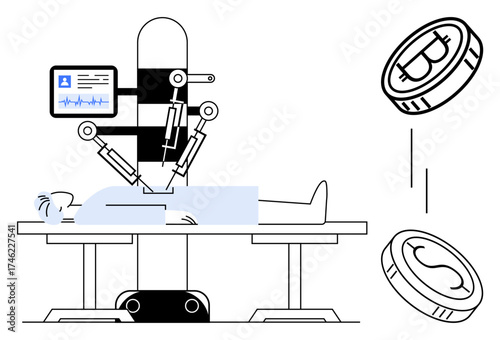 Patient lies on operating table under robotic surgical system as digital coins hover nearby. Ideal for healthcare innovation, robotic technology, cryptocurrency, digital economy, fintech, medical