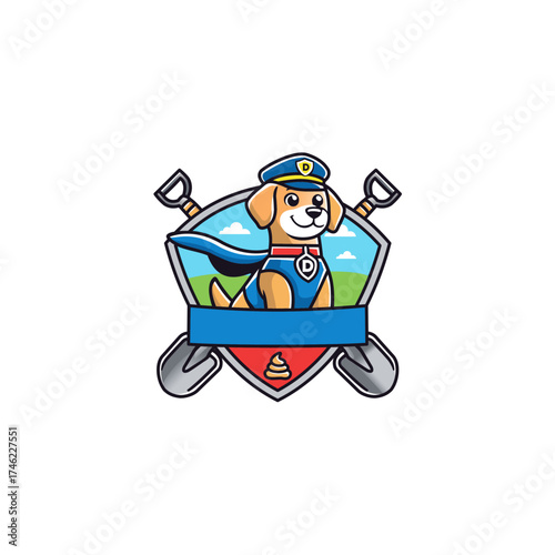 Cartoon Dog in Police Uniform with Badge and Shovels Logo