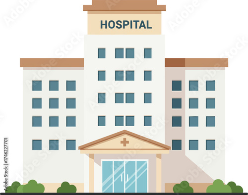 Modern hospital building with entrance and landscaping for healthcare services isolated on transparent background