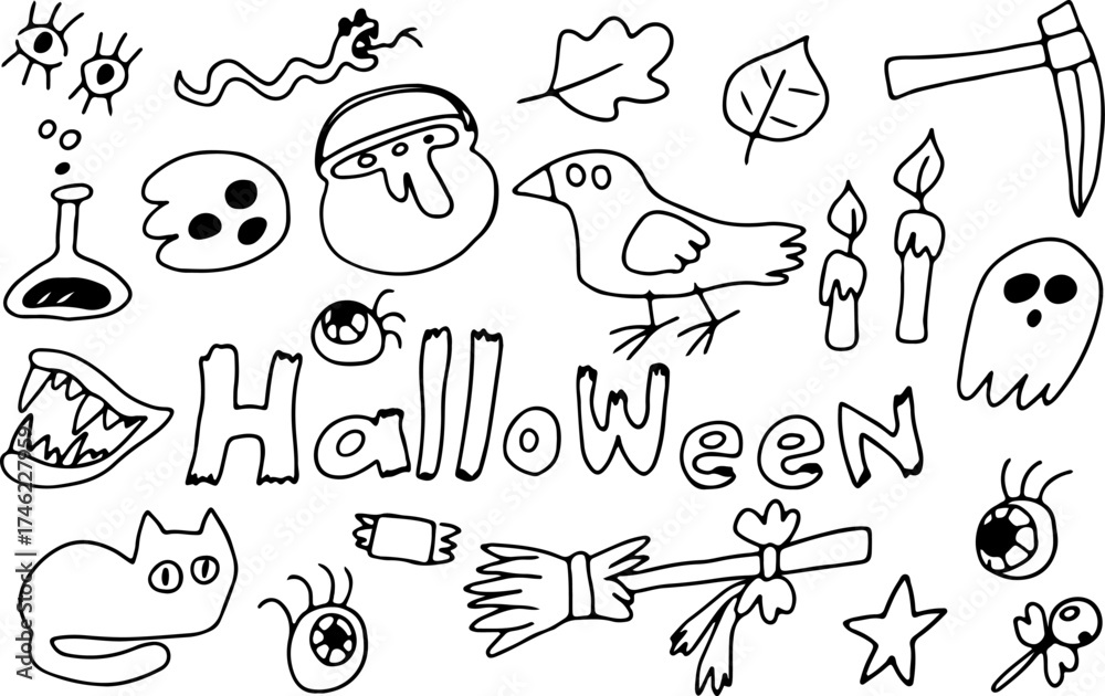Obraz premium Halloween icon set. Cute ghost, potion, cauldron, broom, cat, eye, candles, fangs. Drawn with black curved lines in grunge style. Autumn stickers. Perfect for greeting card, party invitation, poster