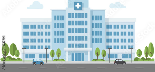 Modern hospital building facade with trees and street scene illustration isolated on transparent background