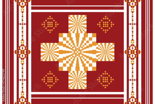 Thai traditional woven pattern in red, orange, and yellow tones with geometric cross motifs. Inspired by northern tribal textile art, perfect for fabric, sarong, scarf, wallpaper, or cultural design b