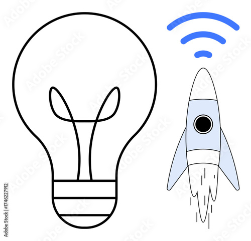 Light bulb outlines next to a blue rocket launching toward a wireless signal. Ideal for creativity, innovation, technology, progress, startup, wireless communication, and idea generation themes