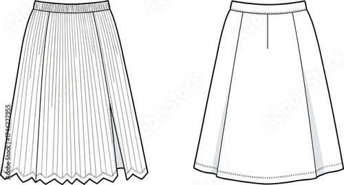 Pleated skirt, zigzag hem, A‑line skirt, fashion flat sketch, apparel vector, garment design, clothing template, sewing pattern, technical illustration, CAD drawing