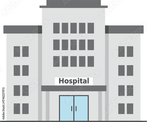 Modern hospital building facade medical healthcare facility entrance doors signage isolated on transparent background
