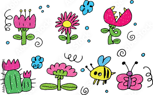 Kid style hand colored drawn cute flower, cactus, bee, butterfly. Doodle summer element set. Vector garden cute element set. Drawn with grunge curved lines. Brightly colored drawing. 