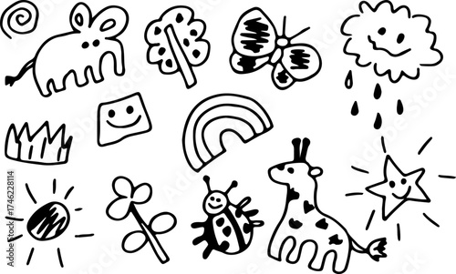 Kid sketch cute baby doodle summer element set. Elephant, rainbow, giraffe, butterfly, rain cloud, ladybug, star childish toy cartoon elements. Drawn with black curved lines in grunge style. 