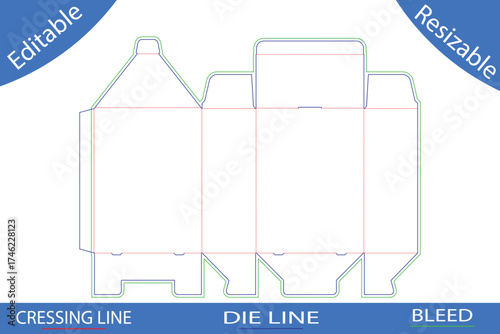 Milk carton style packaging box die line template with bleed and fold lines