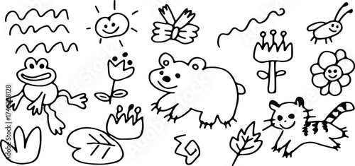 Kid sketch cute baby doodle summer element set. Bear, bow, frog, flower, tiger, bug, leaf childish toy cartoon elements. Drawn with black curved lines in grunge style. Vector illustration