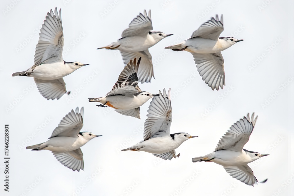 Obraz premium Flock of White-breasted Nuthatches Flying Isolated on White