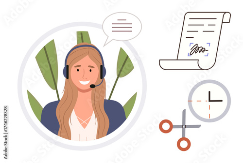 Smiling woman wearing a headset with speech bubble. Document, scissors, and clock icons. Ideal for customer service, remote work, communication, time management, paperwork organization simple flat