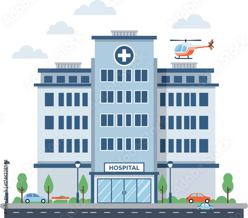 Modern medical hospital building with helicopter landing pad and ambulances detailed cityscape scene isolated on transparent background
