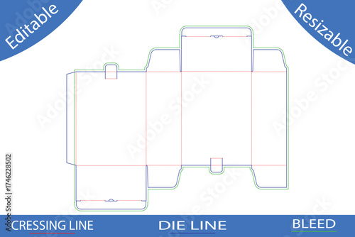 Packaging box die cut template with intricate flap design and bleed