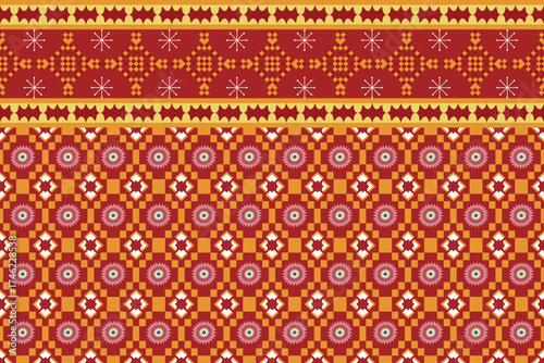 Traditional ethnic border textile pattern in red and yellow tones, featuring geometric and floral motifs inspired by tribal fabric design. Perfect for fabric prints, saree borders, textile decoration,